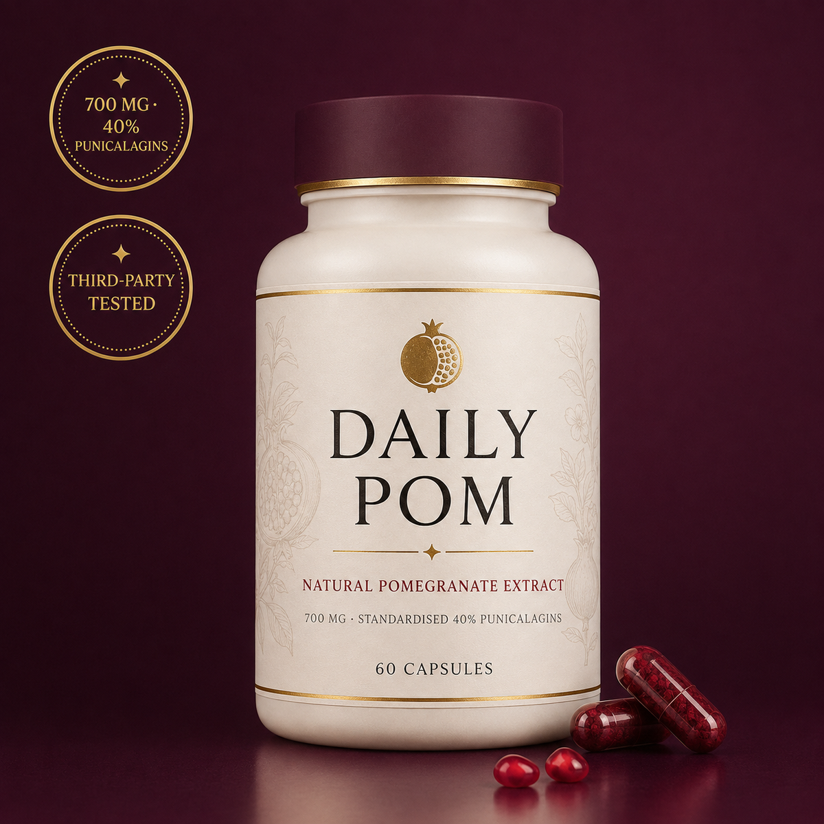 Daily Pom pomegranate extract bottle, 60 capsules