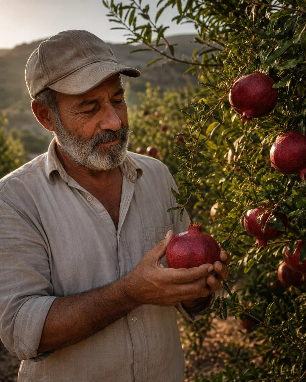 Grower on the farm holding pomegranates